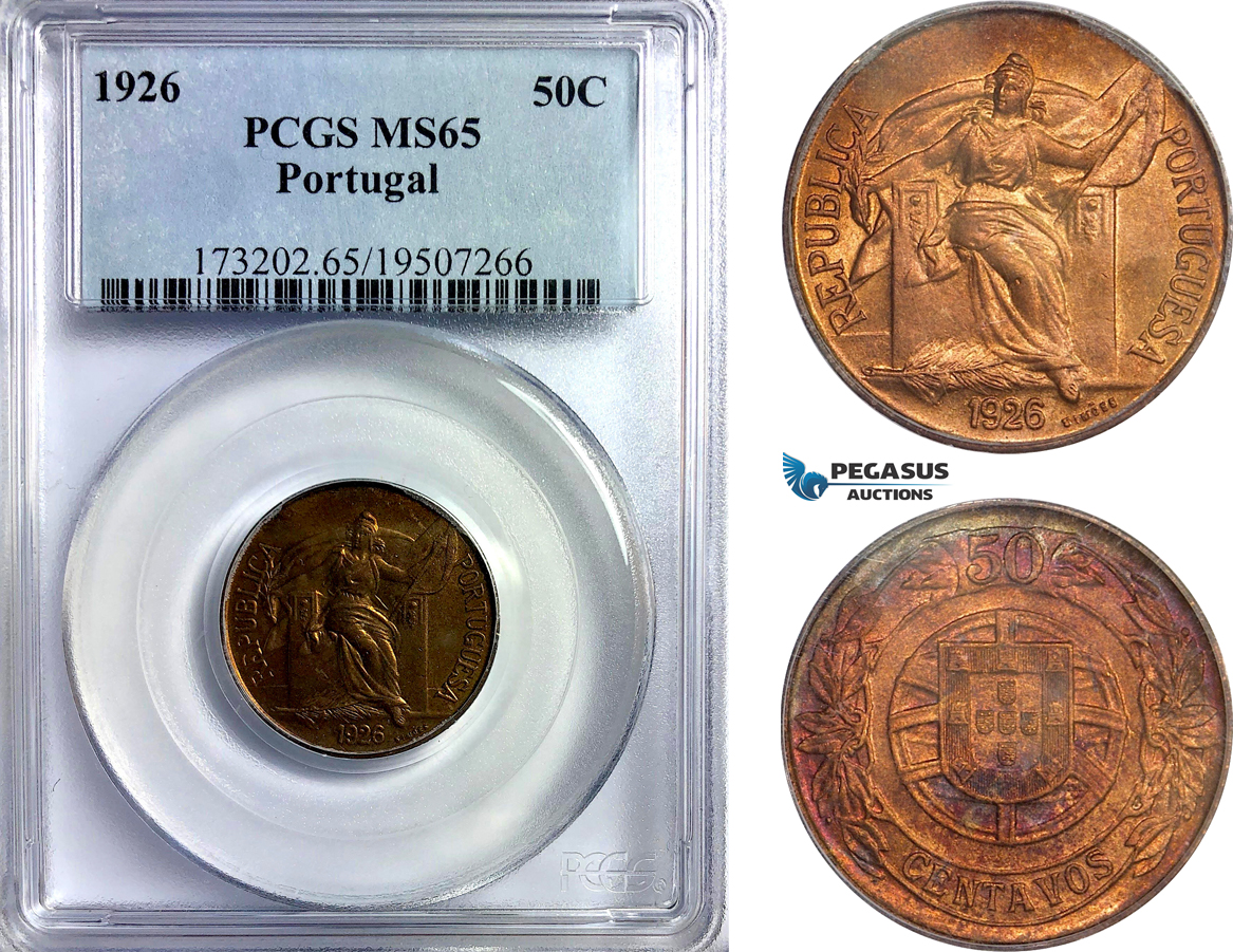 AD225, Portugal, 50 Centavos 1926, PCGS MS65