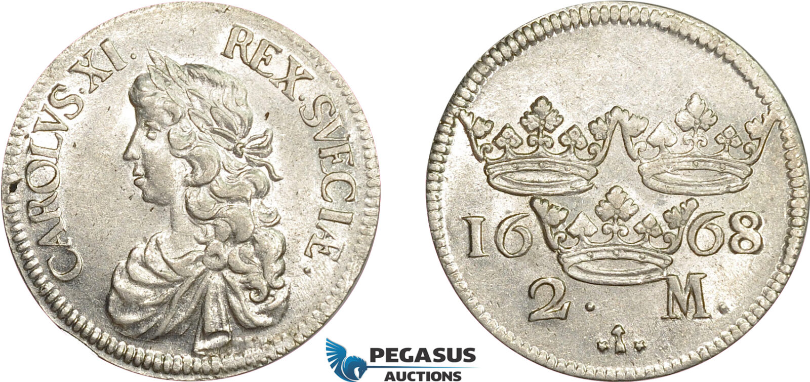 AD304, Sweden, Karl XI, 2 Mark 1668, Stockholm, Silver (10.64g) SM117b, AU-UNC (Lightly cleaned)