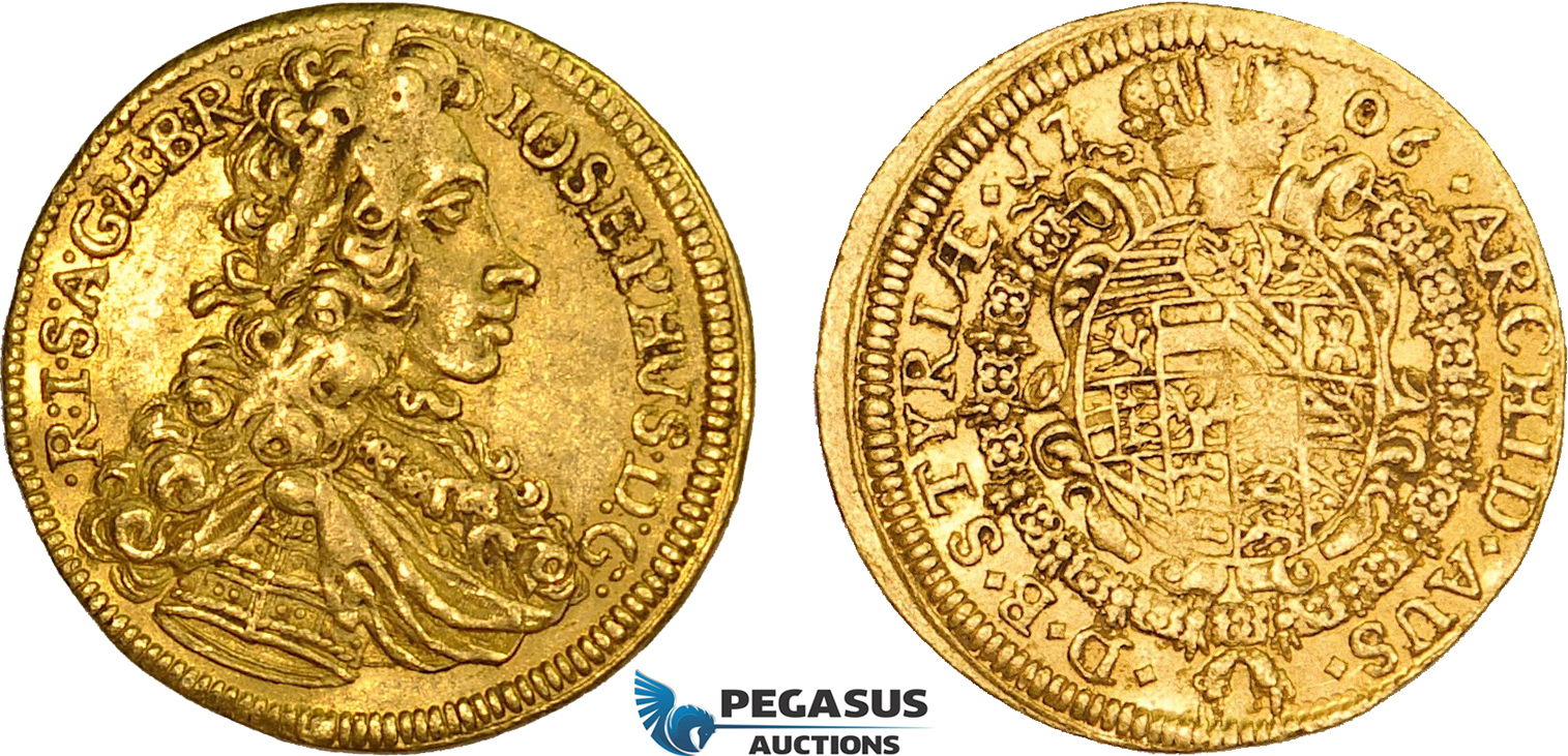 AD318, Austria, Josef I, Ducat 1706, Graz, Gold (3.48g) Her. 33, VF-EF, Very Rare!