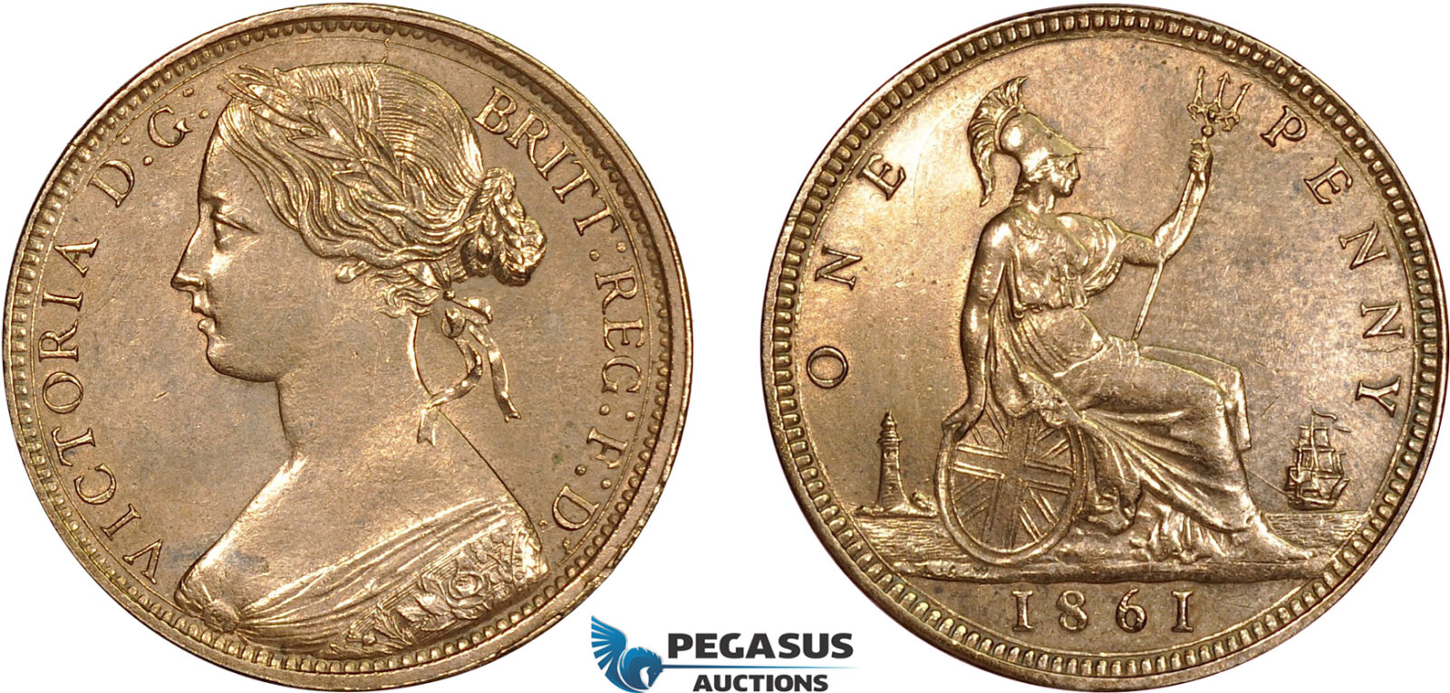 AD323, Great Britain, Victoria, Penny 1861, 16 Leaves, Cleaned AU