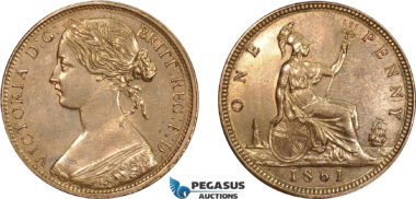 AD323, Great Britain, Victoria, Penny 1861, 16 Leaves, Cleaned AU