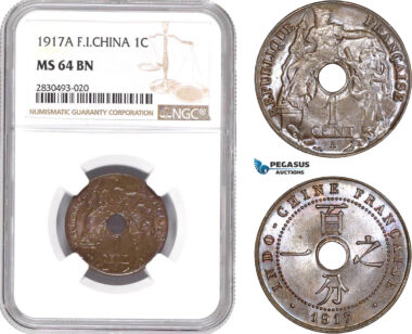AD346, French Indo-China, 1 Centime 1917-A, Paris, NGC MS64BN