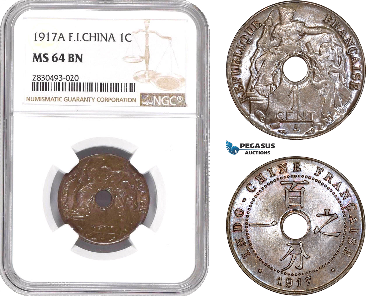 AD346, French Indo-China, 1 Centime 1917-A, Paris, NGC MS64BN