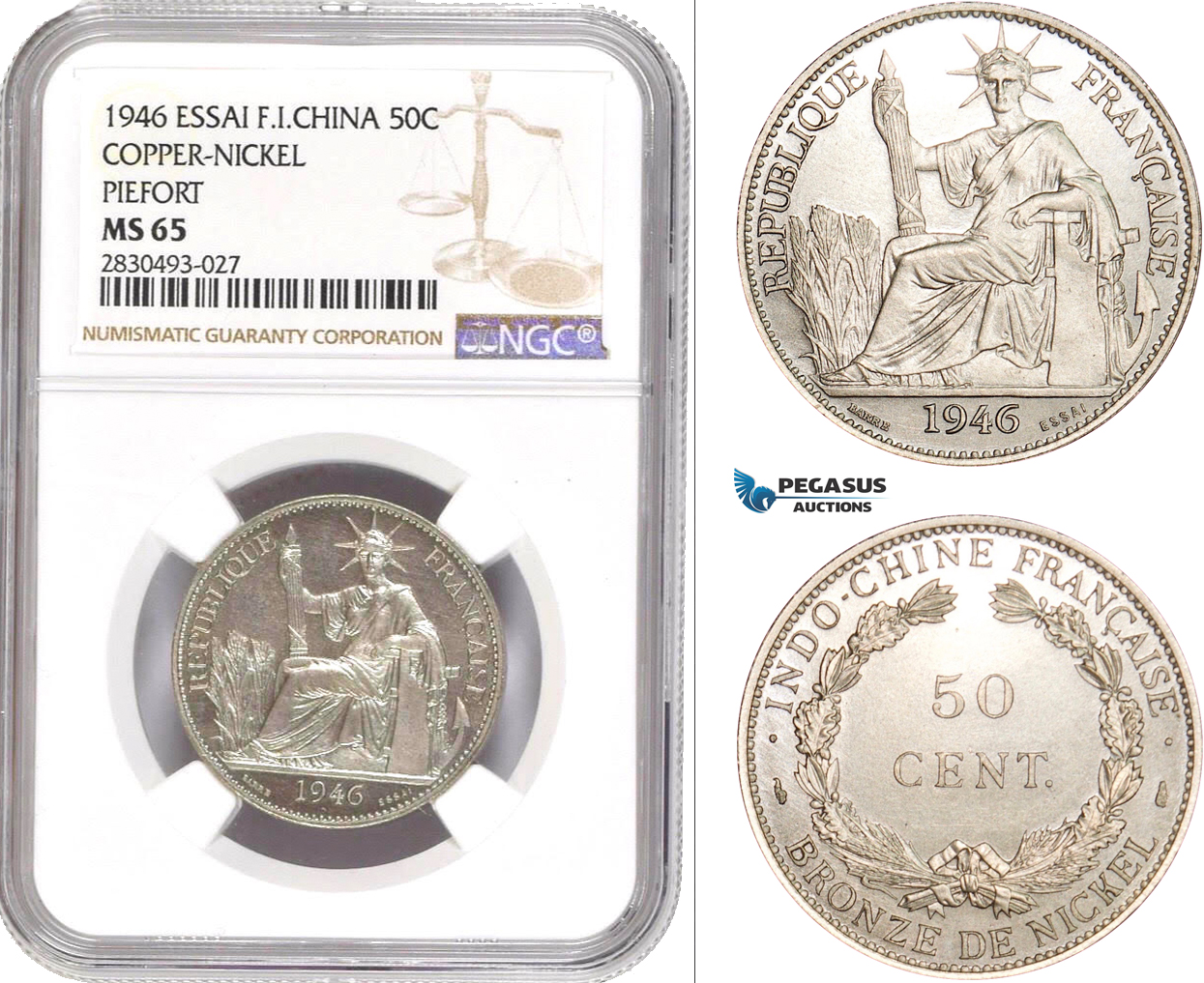 AD350, French Indo-China, Piefort ESSAI 50 Centimes 1946, Paris, Cu-Ni, 104pcs. Struck, NGC MS65