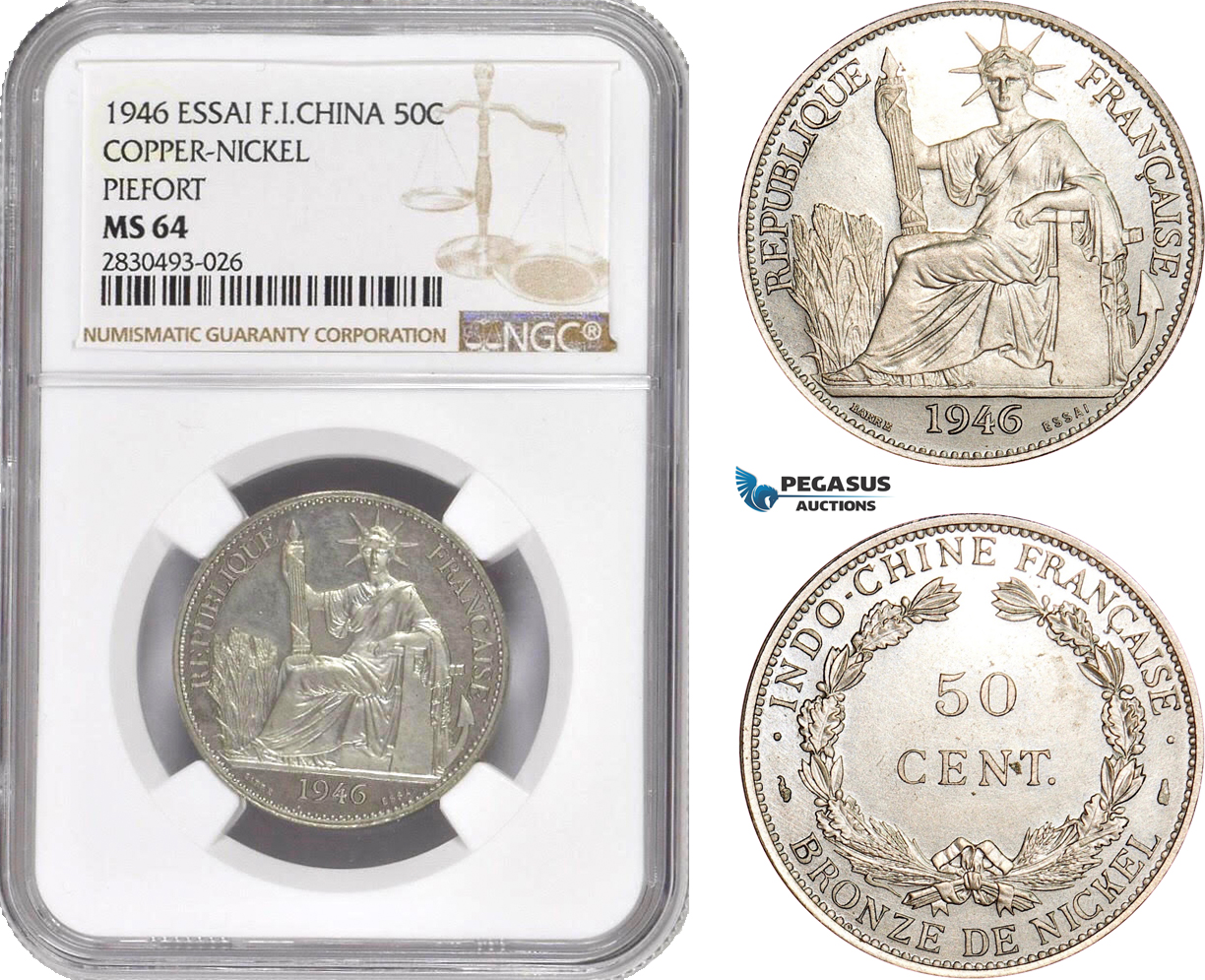 AD351, French Indo-China, Piefort ESSAI 50 Centimes 1946, Paris, Cu-Ni, 104pcs. Struck, NGC MS64