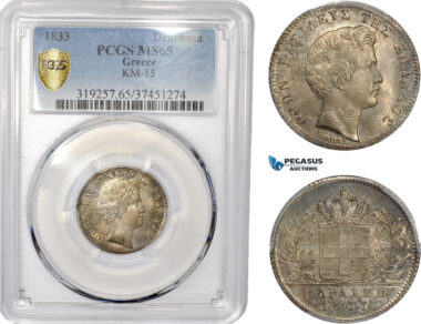 AD370, Greece, Othon, 1 Drachma 1833, Munich, Silver, PCGS MS65