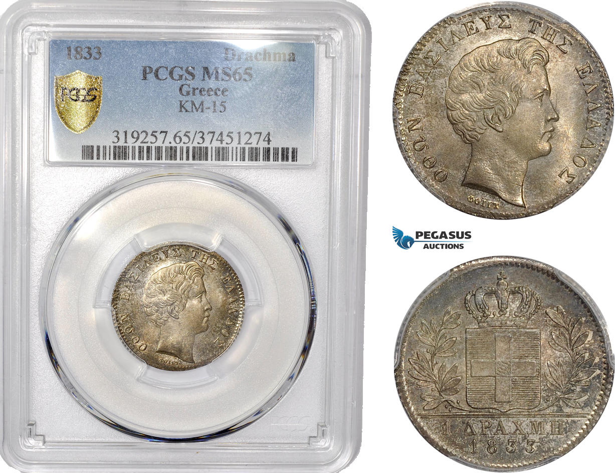 AD370, Greece, Othon, 1 Drachma 1833, Munich, Silver, PCGS MS65