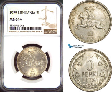 AD470, Lithuania, 5 Litai 1925, Silver, NGC MS64+