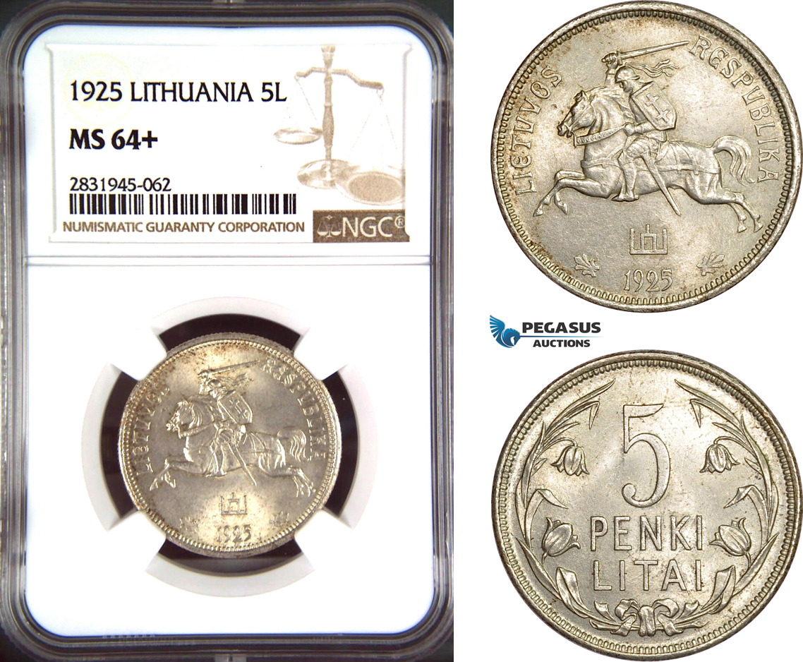 AD470, Lithuania, 5 Litai 1925, Silver, NGC MS64+