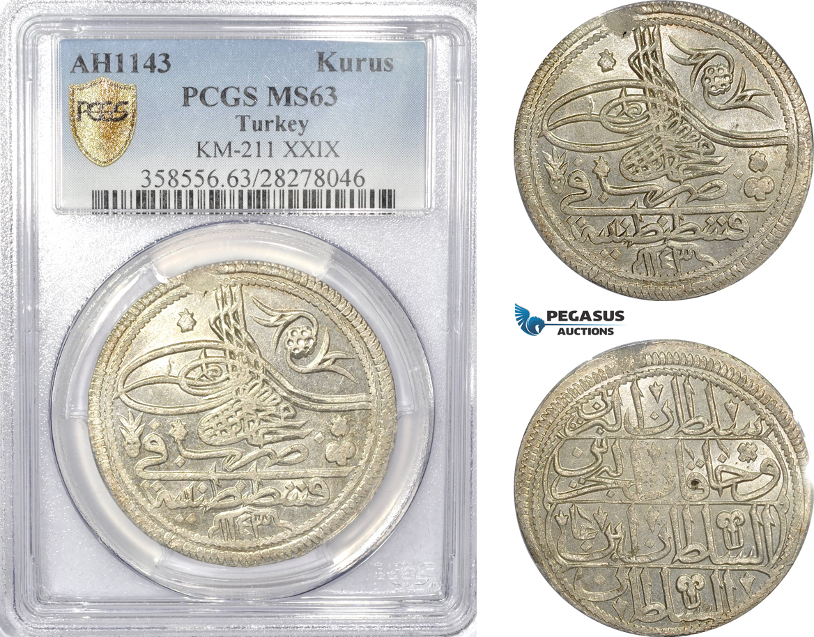 AD498, Ottoman Empire, Turkey, Mahmud I, Kurus AH1143, Kostantiniye (Istanbul) PCGS MS63