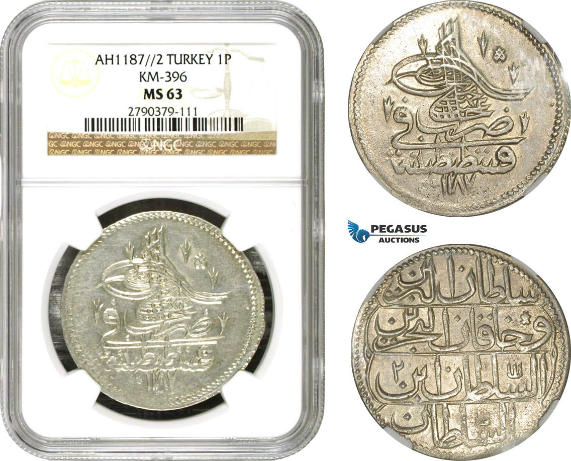 AD500, Ottoman Empire, Turkey, Abdülhamid I, Piastre AH1187/2, Qustantiniye (Istanbul) NGC MS63