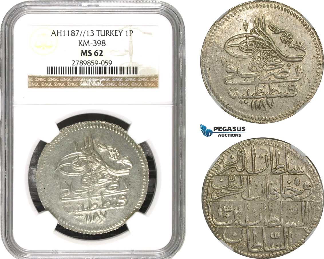 AD501, Ottoman Empire, Turkey, Abdülhamid I, Piastre AH1187/13, Qustantiniye (Istanbul) NGC MS62