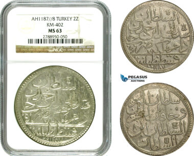 AD502, Ottoman Empire, Turkey, Abdülhamid I, 2 Zolota AH1187/8, Islambul (Istanbul) NGC MS63
