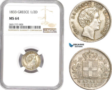 AD670, Greece, Othon, 1/2 Drachma 1833, Munich, Silver, NGC MS64