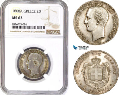 AD673, Greece, George I, 2 Drachmai 1868-A, Paris, Silver, NGC MS63, Rare!