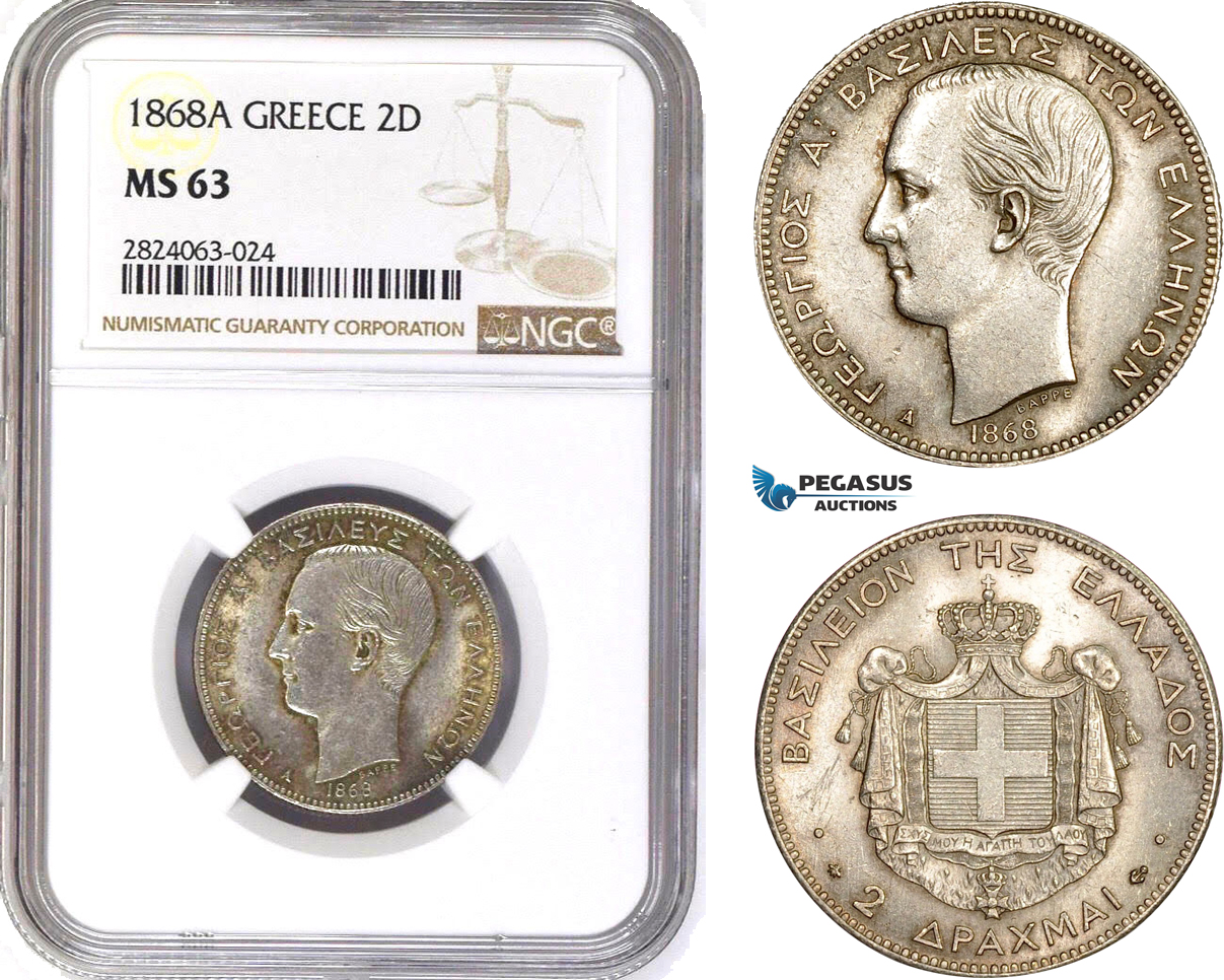 AD673, Greece, George I, 2 Drachmai 1868-A, Paris, Silver, NGC MS63, Rare!