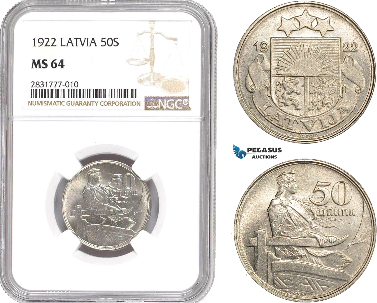 AD676, Latvia, 50 Santimi 1922, NGC MS64