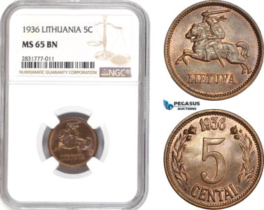 AD677, Lithuania, 5 Centai 1936, NGC MS65BN