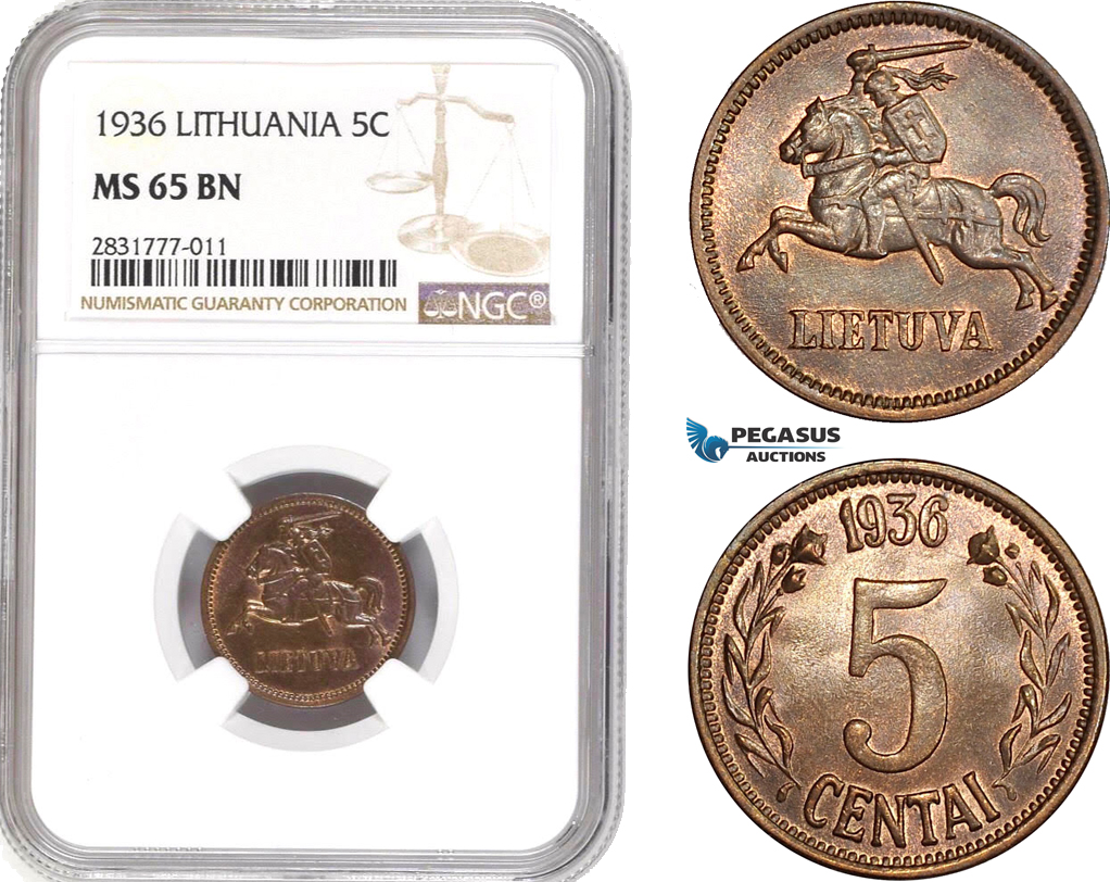 AD677, Lithuania, 5 Centai 1936, NGC MS65BN