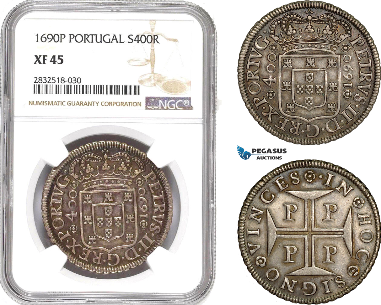 AD684, Portugal, Pedro II, 400 Reis 1690-P, Porto, Silver, NGC XF45