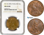 AD705, Thailand, Rama V, 2 Att RS 114 (1895) NGC MS65BN, Pop 1/0, Rare grade!