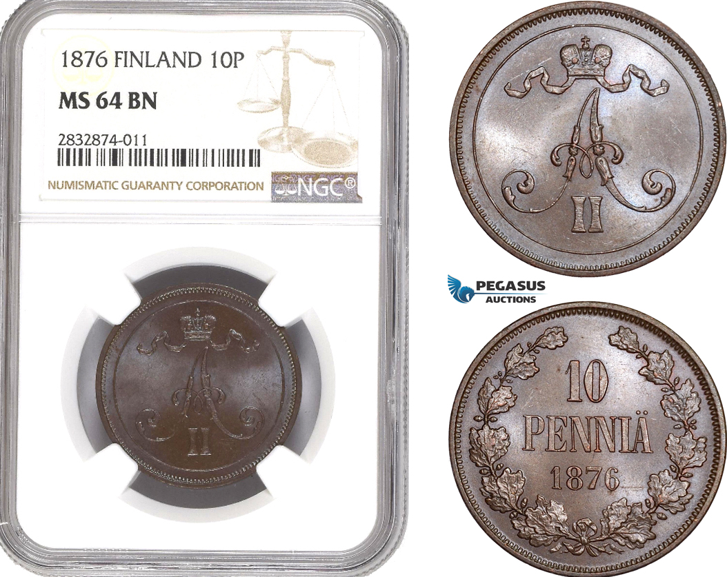 AD724, Finland, Alexander II. of Russia, 10 Penniä 1876, NGC MS64BN, Pop 1/0