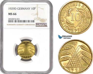 AD738, Germany, Weimar, 10 Reichpfennig 1929-D, Munich, NGC MS66, Pop 1/0