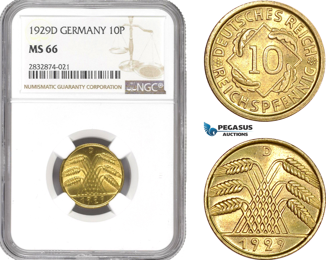 AD738, Germany, Weimar, 10 Reichpfennig 1929-D, Munich, NGC MS66, Pop 1/0