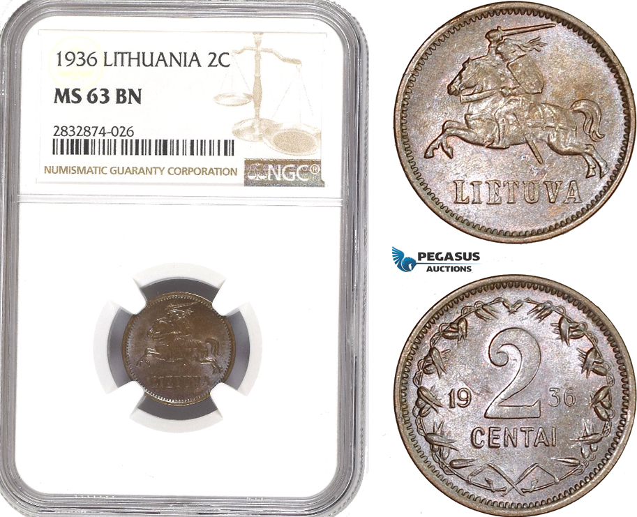 AD750, Lithuania, 2 Centai 1936, NGC MS63BN