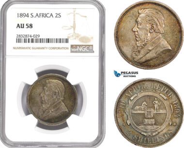 AD764, South Africa (ZAR) 2 Shillings 1894, Pretoria, Silver, NGC AU58