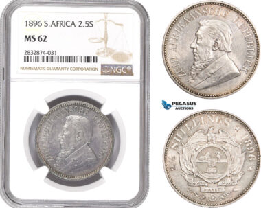 AD766, South Africa (ZAR) 2 1/2 Shillings 1896, Pretoria, Silver, NGC MS62
