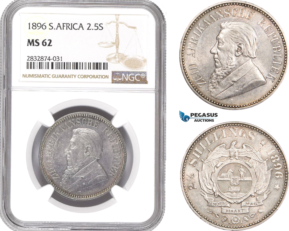 AD766, South Africa (ZAR) 2 1/2 Shillings 1896, Pretoria, Silver, NGC MS62