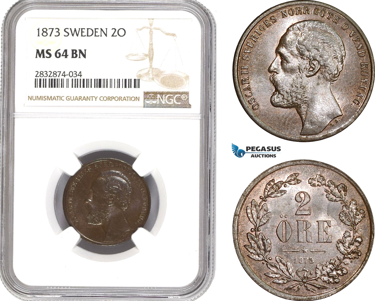 AD780, Sweden, Oscar II, 2 Öre 1873, Stockholm, NGC MS64BN