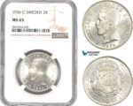 AD781, Sweden, Gustaf V, 2 Kronor 1936-G, Stockholm, Silver, NGC MS65, Pop 1/0