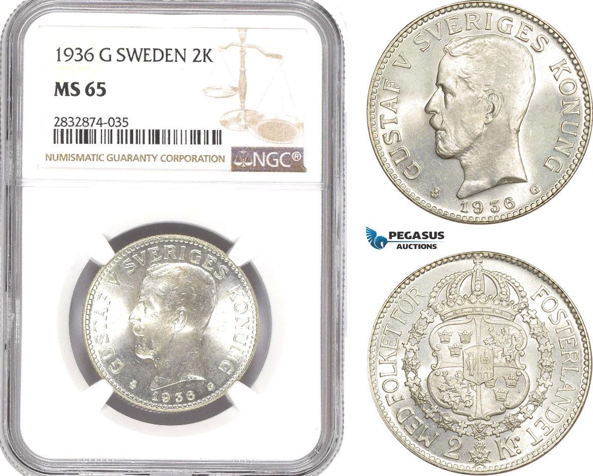 AD781, Sweden, Gustaf V, 2 Kronor 1936-G, Stockholm, Silver, NGC MS65, Pop 1/0