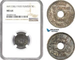 AD784, Tunisia, Muhammad al-Nasir, 5 Centimes AH1338 / 1920, NGC MS64, Pop 1/0