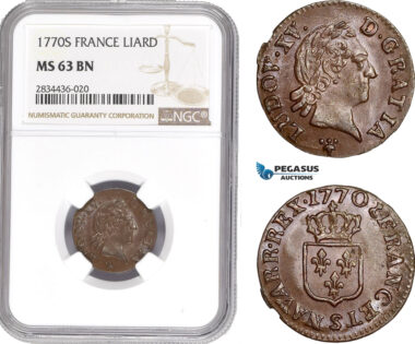 AD825, France, Louis XV, 1 Liard 1770-S, Reims, NGC MS63BN