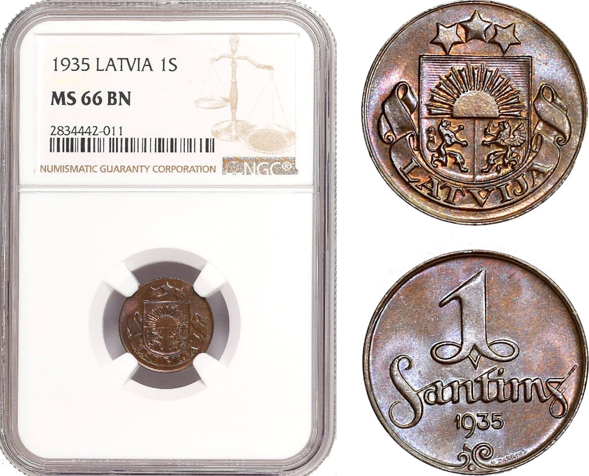 AD877, Latvia, 1 Santims 1935, NGC MS66BN, Pop 1/0