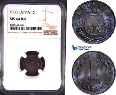 AD878, Latvia, 1 Santims 1938, NGC MS64BN
