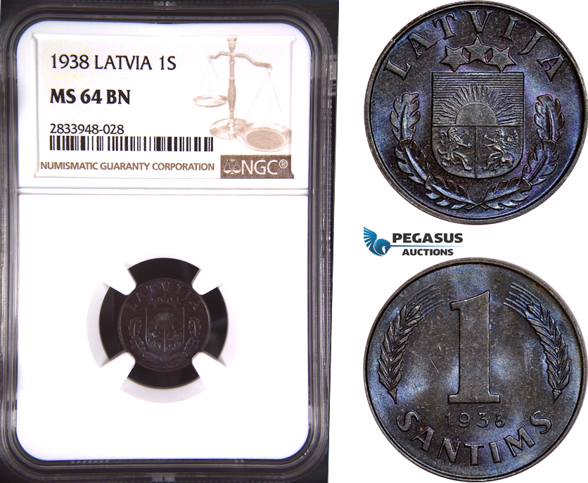 AD878, Latvia, 1 Santims 1938, NGC MS64BN