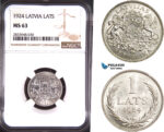 AD881, Latvia, 1 Lats 1924, Silver, NGC MS63
