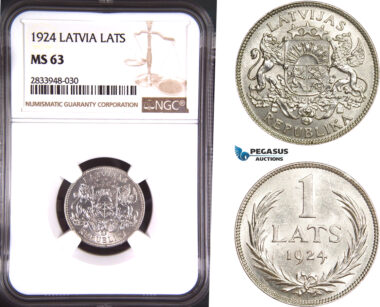 AD881, Latvia, 1 Lats 1924, Silver, NGC MS63