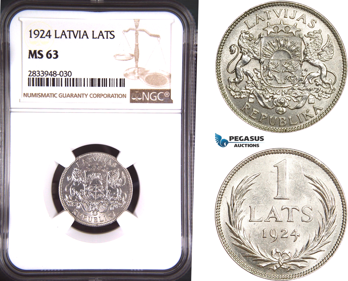 AD881, Latvia, 1 Lats 1924, Silver, NGC MS63
