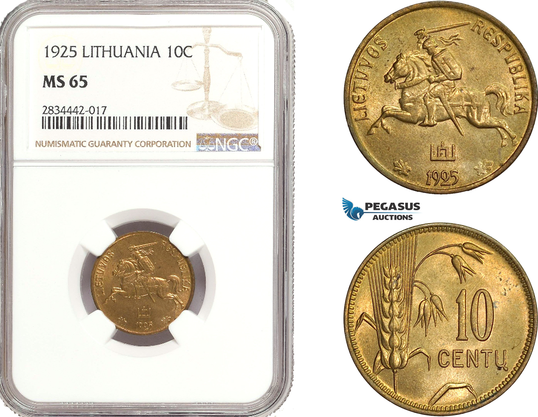 AD884, Lithuania, 10 Centu 1925, NGC MS65, Top Pop!
