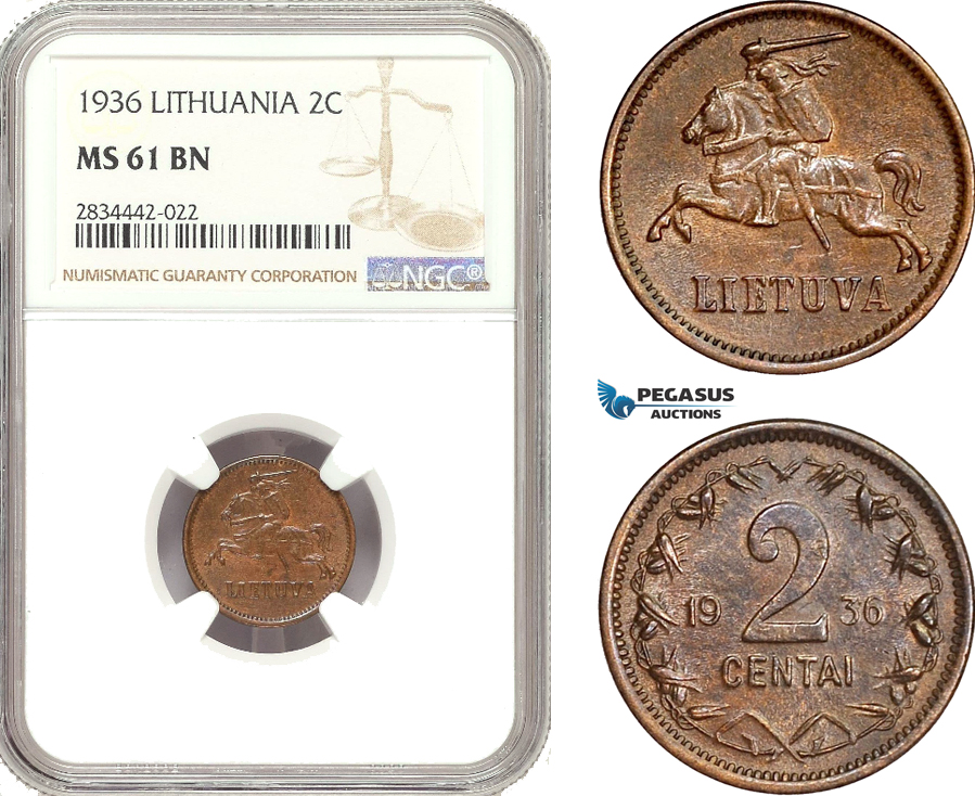 AD889, Lithuania, 2 Centai 1936, NGC MS61BN
