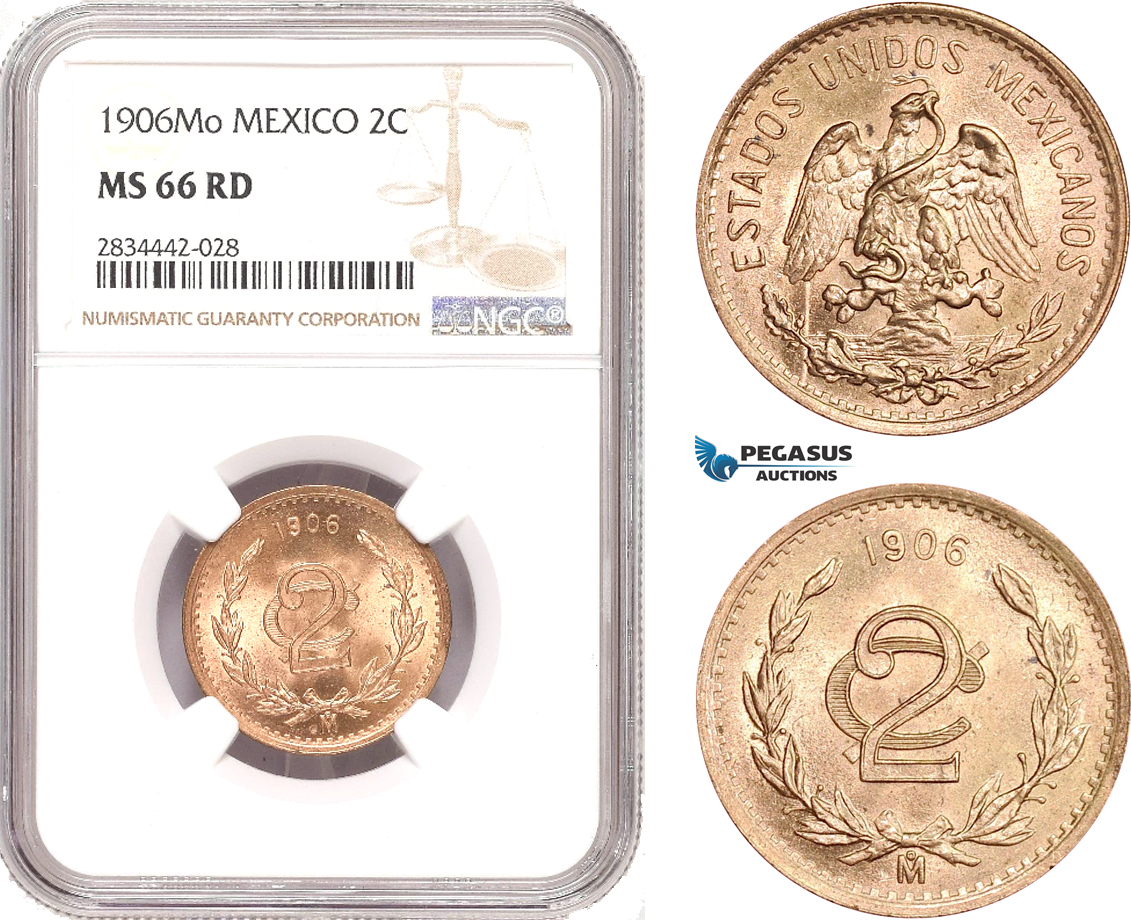 AD894, Mexico, 2 Centavos 1906-Mo, Mexico City, NGC MS66RD, Pop 1/0