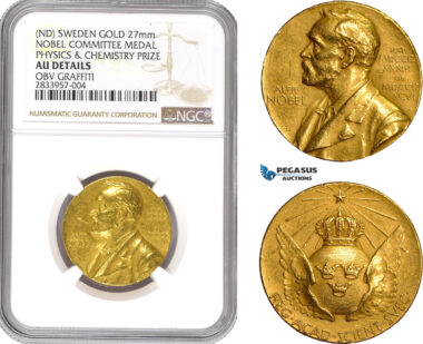 AD917, Sweden, Gold Medal (ND) (Ø26.8mm) Alfred Nobel, Committee for Physics & Chemistry, NGC AU Det. Rare!