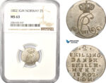 AD973, Norway, Christian VII, 2 Skilling 1802 IGM, Kongsberg, Silver, NGC MS63