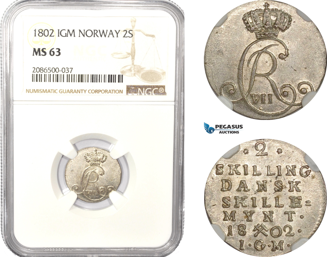 AD973, Norway, Christian VII, 2 Skilling 1802 IGM, Kongsberg, Silver, NGC MS63