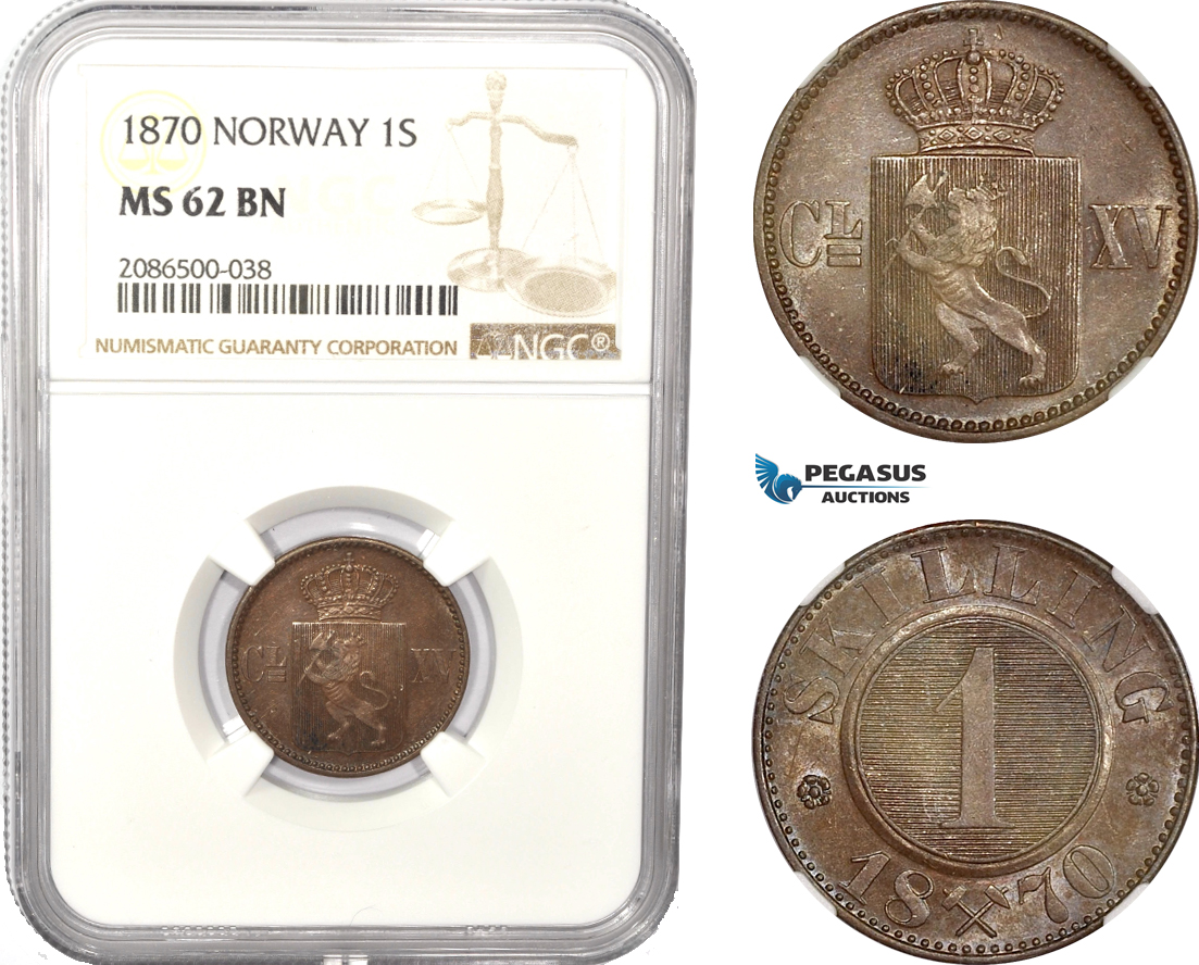 AD974, Norway, Carl XV, 1 Skilling 1870, Kongsberg, NGC MS62BN